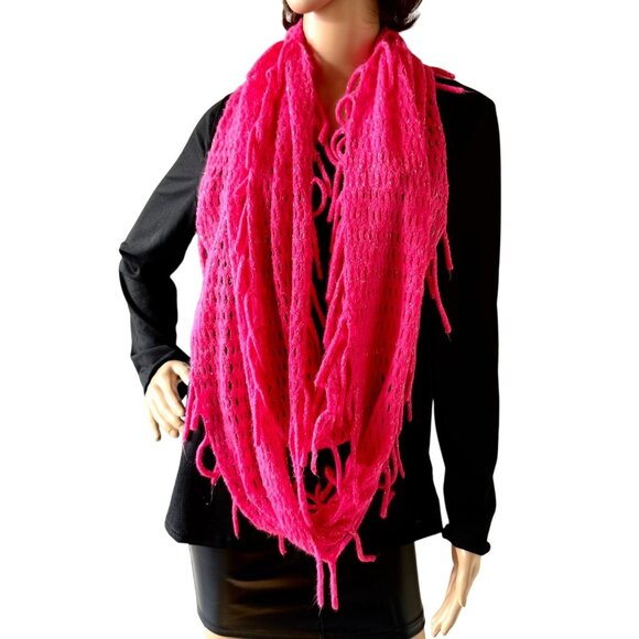 Hot Pink Infinity Scarf One Size Festival Knit Fringe Soft Metallic Thread - Picture 8 of 12